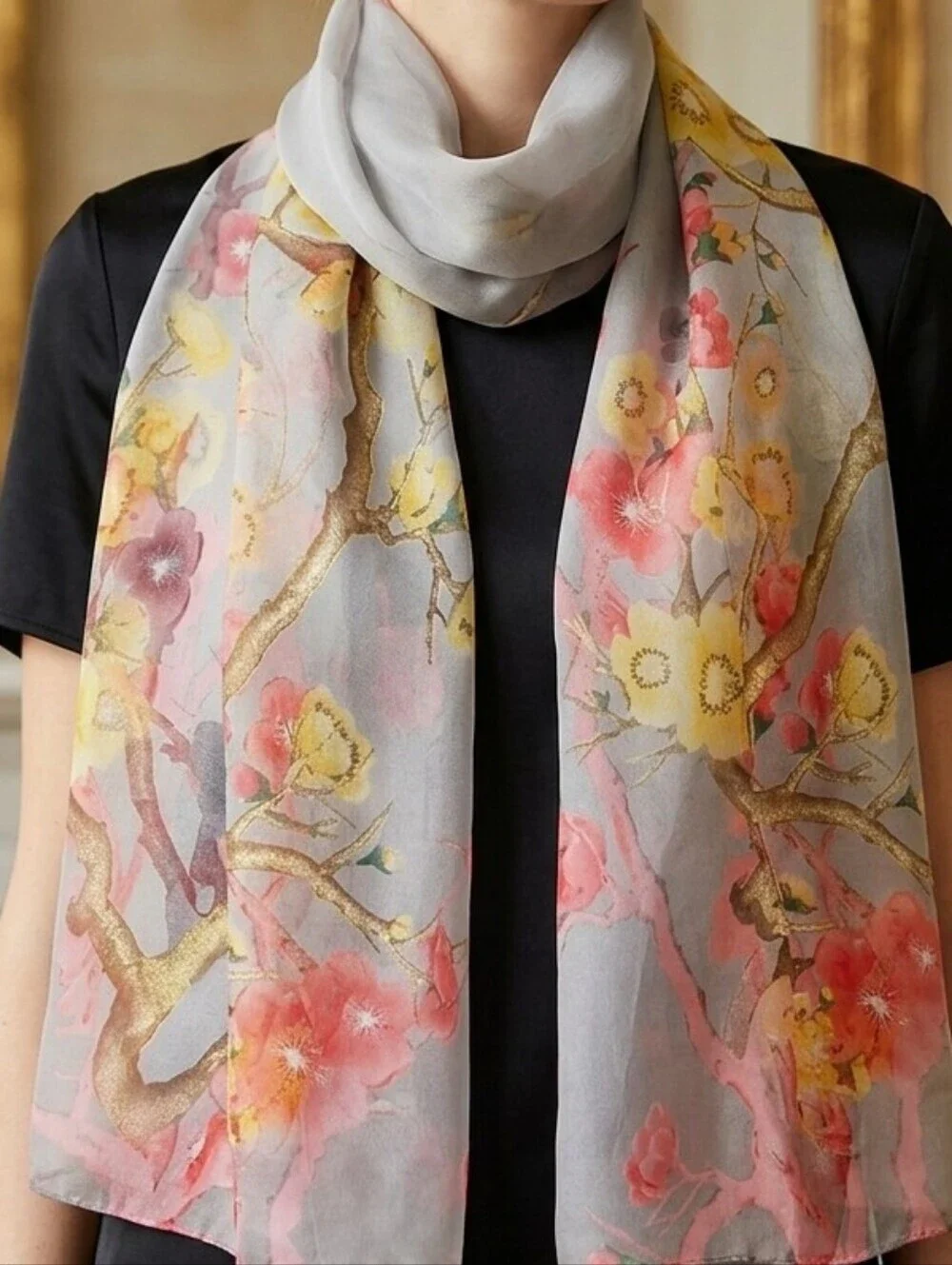 Pink Cherry Blossom Yellow Floral Lightweight Scarf Chiffon Shawl Wrap 63